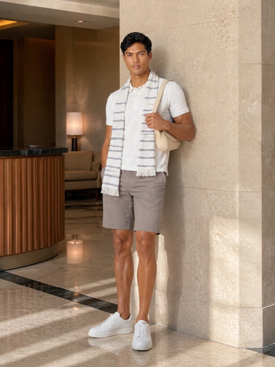 Woolrich polo taupe shorts white sneakers
