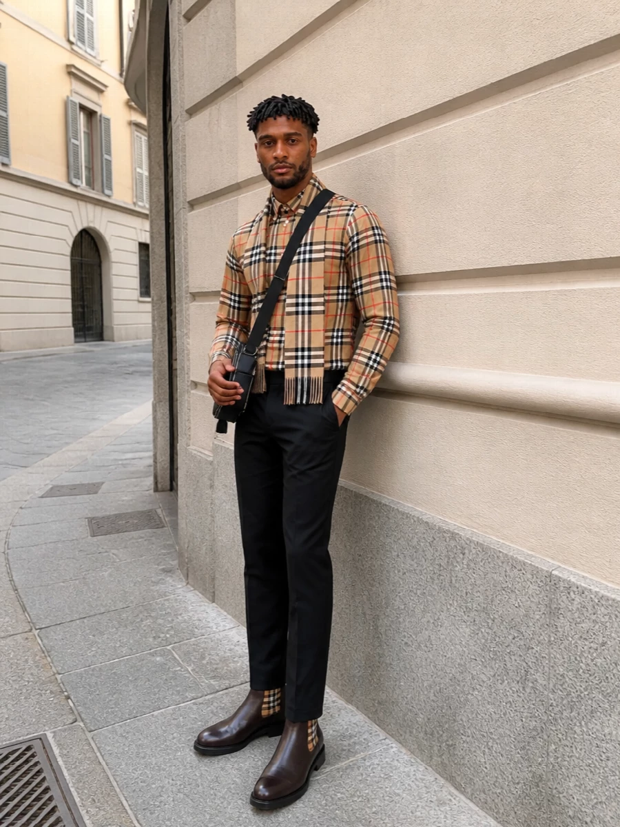 Burberry check shirt black chinos chelsea boots