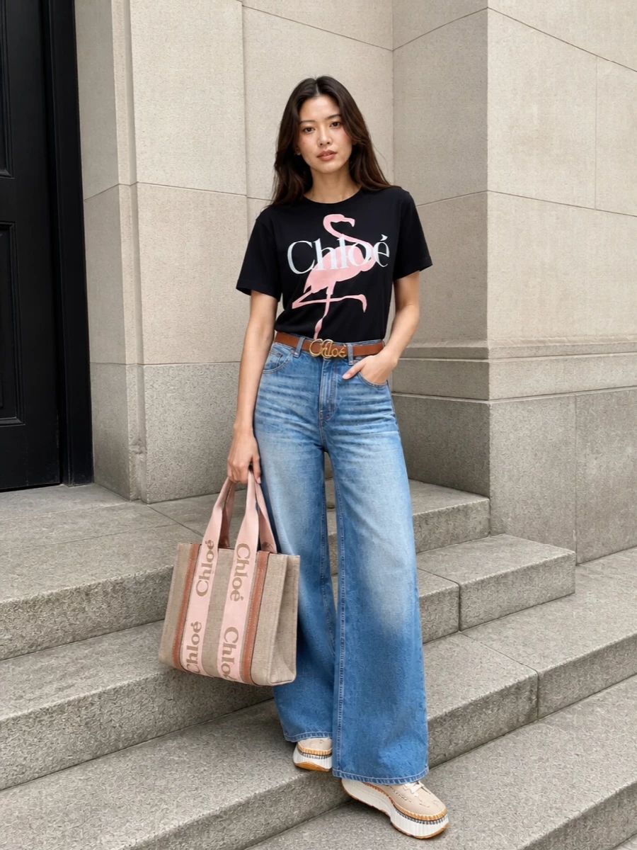 Chloe flamingo tee wide leg jeans outfit