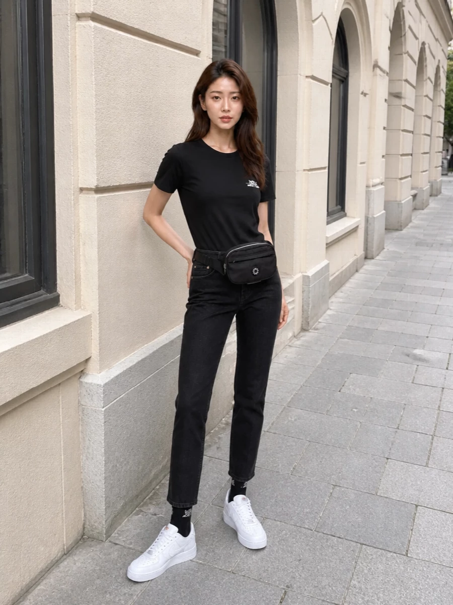 Kenzo black t shirt straight leg jeans outfit