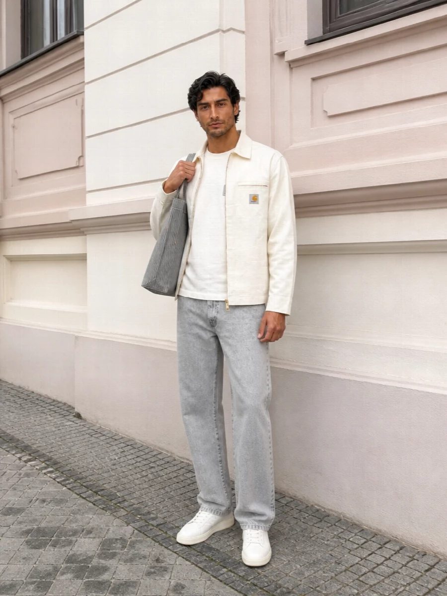 Carhartt wip ivory jacket grey jeans outfit
