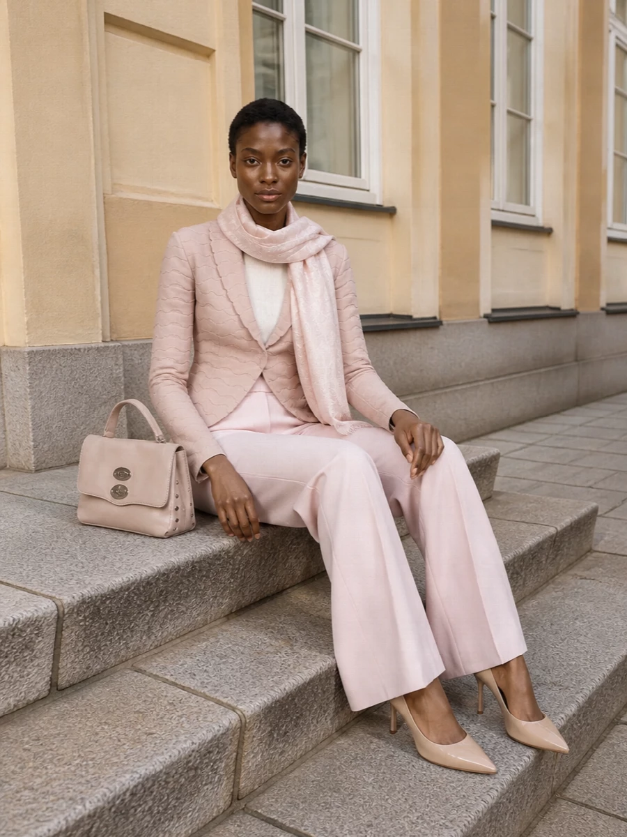 Emporio armani blush cardigan max mara wide leg pants