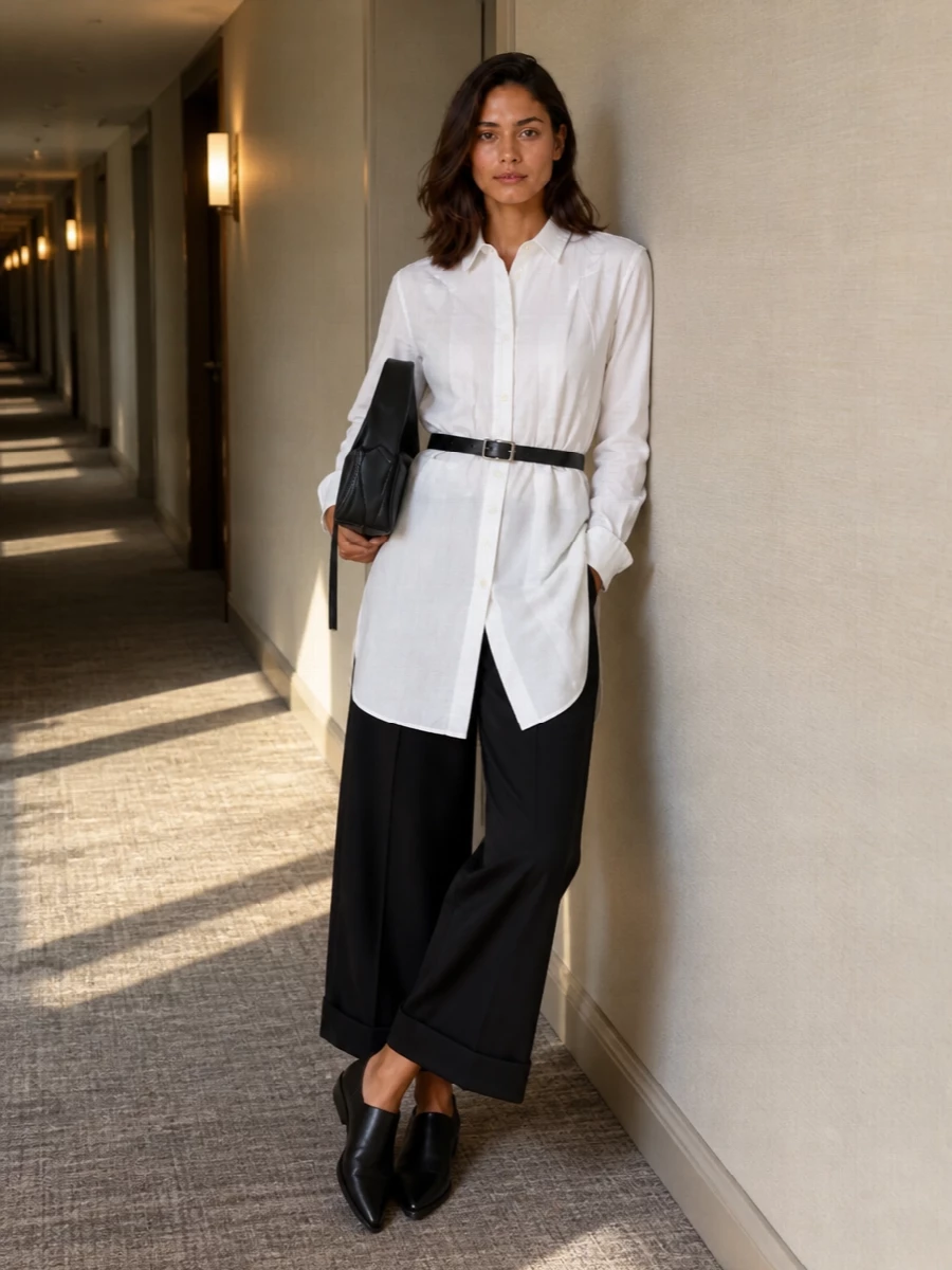 Comme des garcons wide leg trouser long white shirt