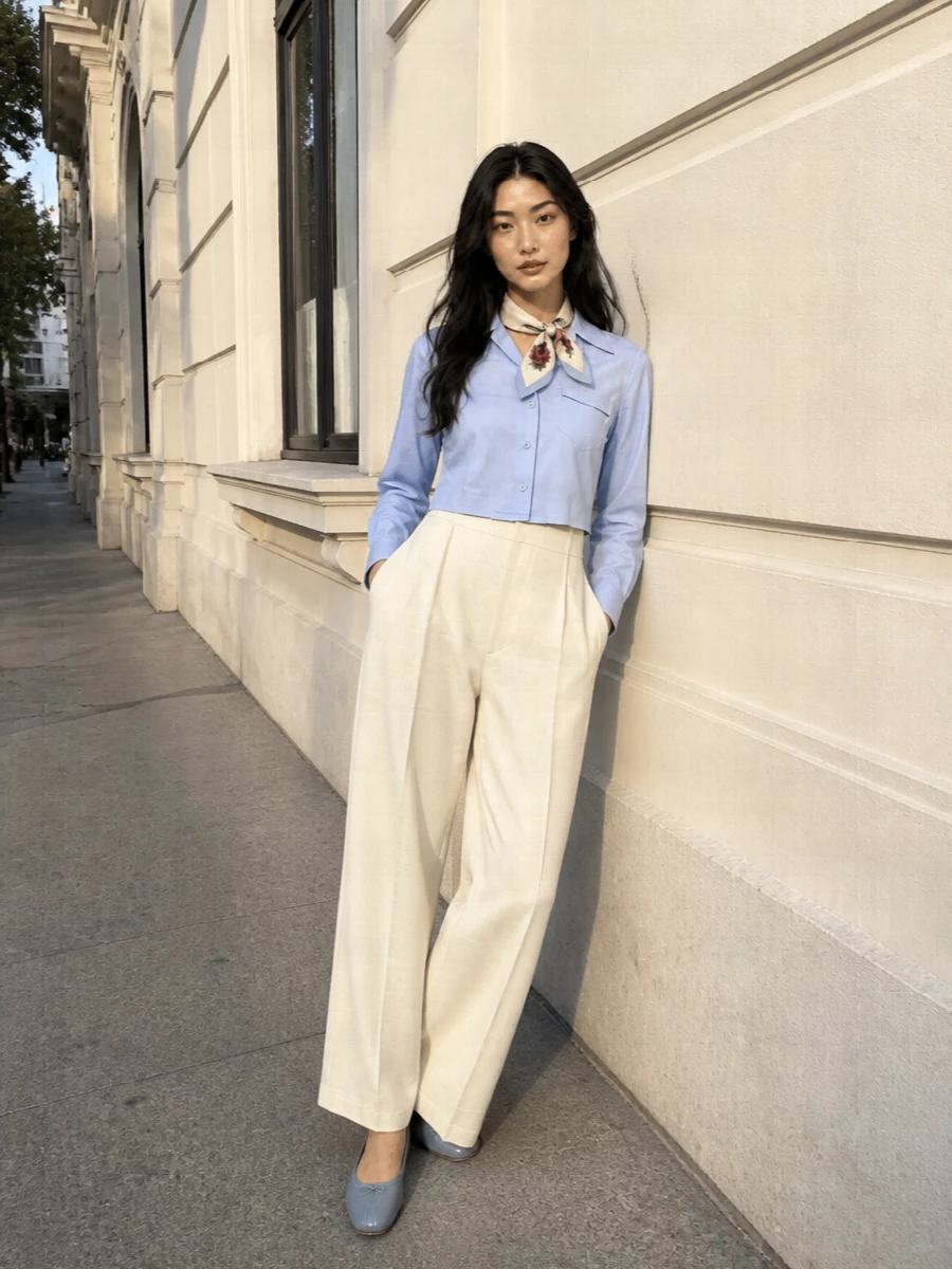 Powder blue and buttercream sit quietly together here, giving the cropped shirt a softly architectural frame against the high-rise wide-leg trouser. The proportions feel intentional and clean, with the light neutral bag and blue ballerinas echoing the palette rather than shouting over it. A painterly silk square at the neck or wrist adds just enough romance to keep this from feeling too strict, while still reading as modern, minimal tailoring for warm days in the city.