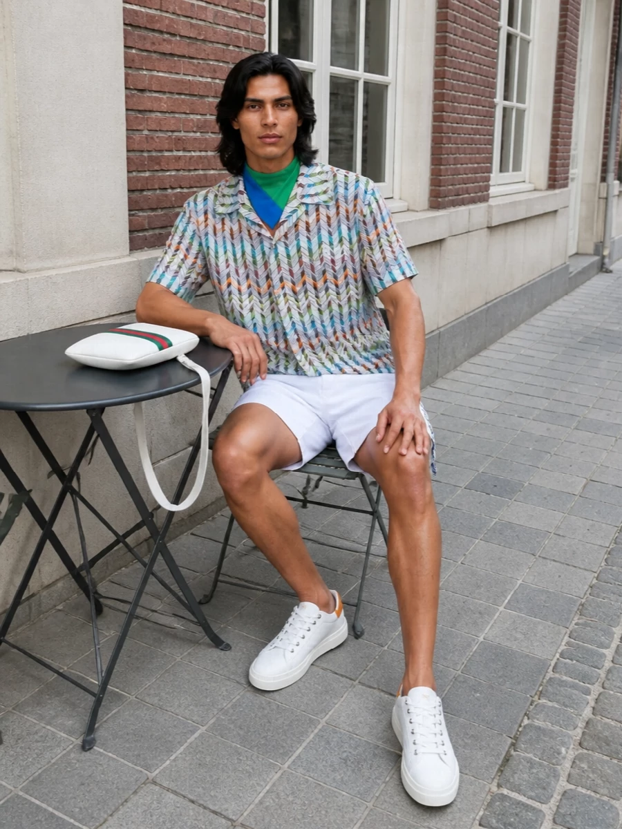 Missoni camp shirt white shorts sneakers outfit