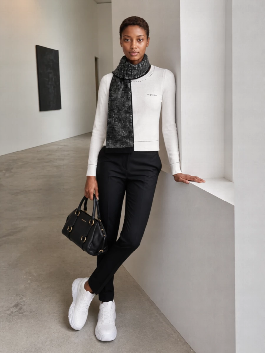 Mcqueen ivory sweater black tailored trouser outfit