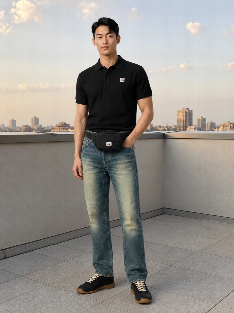 Kenzo black polo faded jeans sneakers outfit