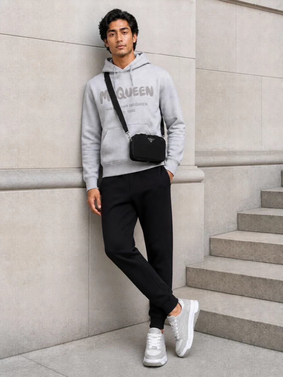 Alexander mcqueen hoodie prada joggers outfit
