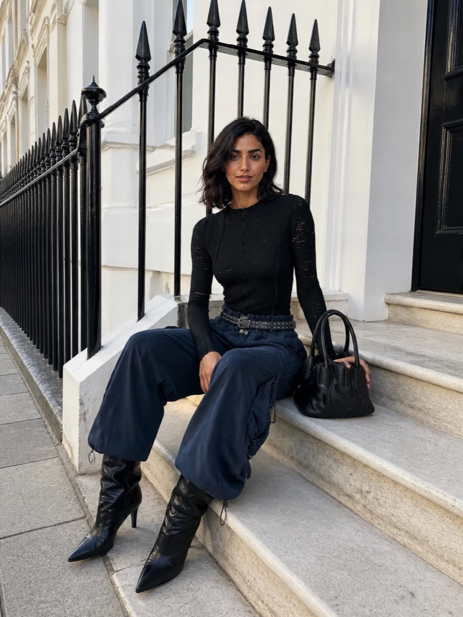 Attico cargo pants black stiletto boots outfit