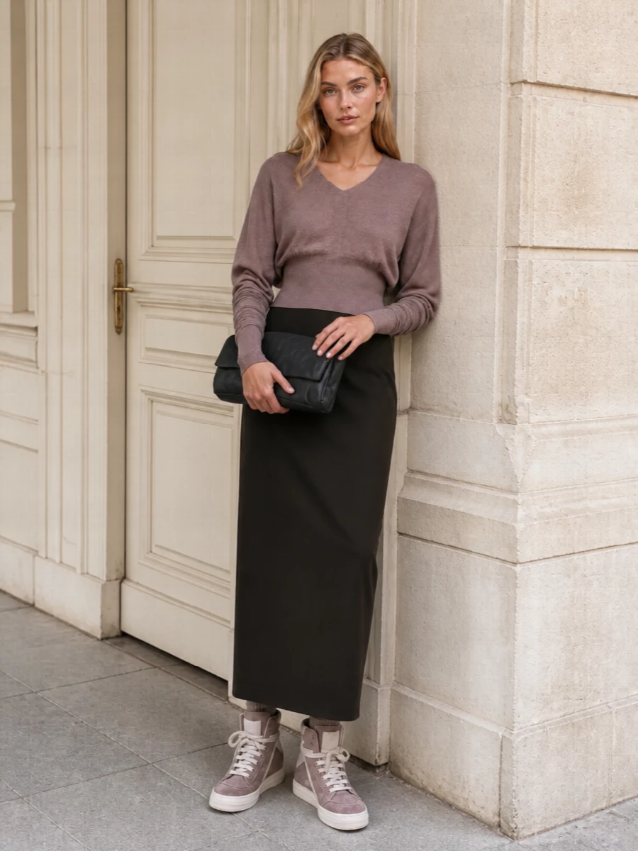 Rick owens knit maxi skirt mauve sneakers