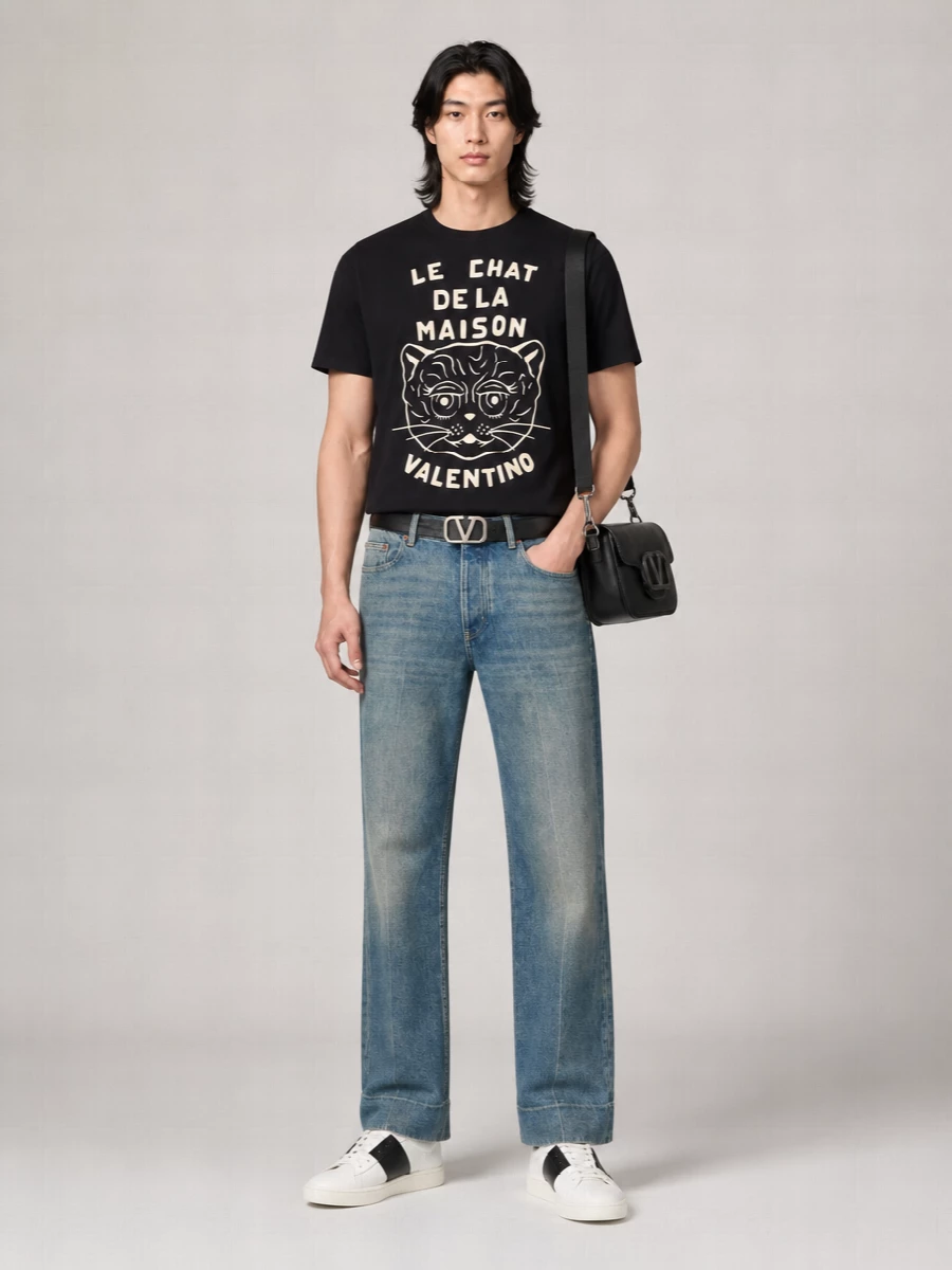 Valentino Cotton Ribbed Crew-Neck Le Chat De La Maison Printed T-Shirt