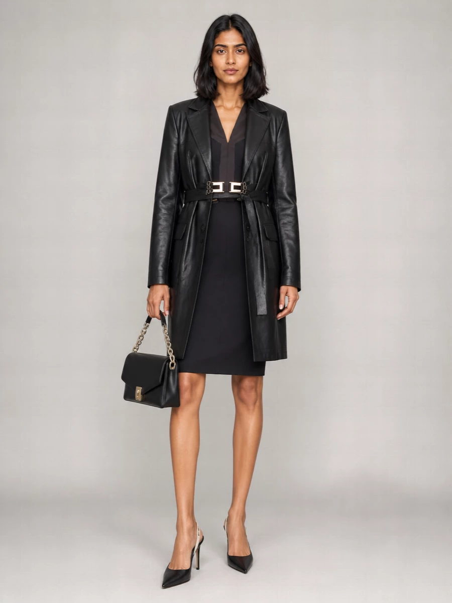 I am anchoring this with the dress route, not top and bottom tailoring, because the Elisabetta Franchi piece gives a single, strong column that matches the leather coat’s tuxedo energy and formality. The pointed slingback and structured gold hardware bag keep everything sharp, leggy and quietly luxurious without competing with the coat’s clean architecture. It is a concise, city evening ensemble that moves naturally from dinner to late drinks.