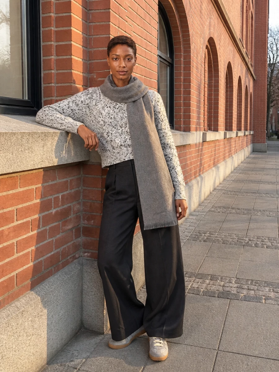 Isabel marant grey sweater wide leg trousers outfit