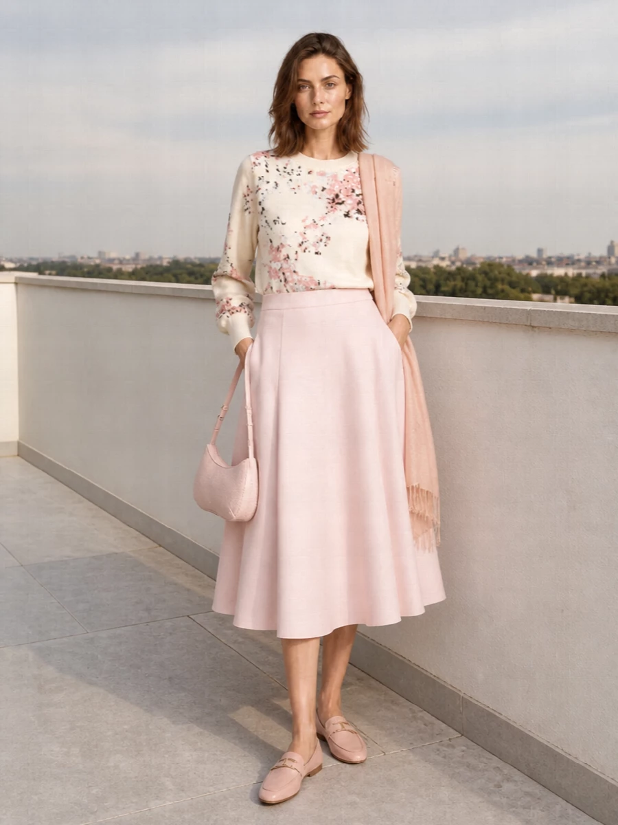 Buttercream and blush play together in a soft, romantic palette that still feels precise enough for a smart day in the city. The sculpted high-waisted midi keeps the knit grounded, while blush loafers and a slim baguette bag tie the colours into one calm, polished story. It is relaxed in spirit but considered in proportion, ideal for days that blend work, galleries and dinner reservations.