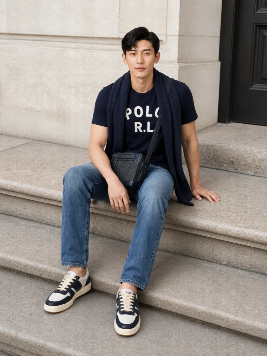 Polo ralph lauren navy tee jeans hogan sneakers