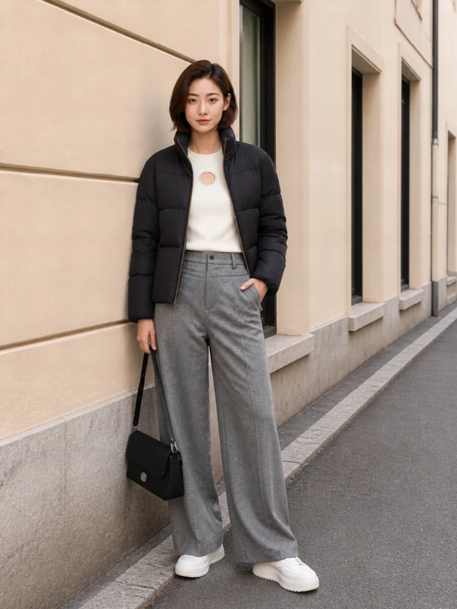 Moncler puffer ivory knit grey wide leg pants