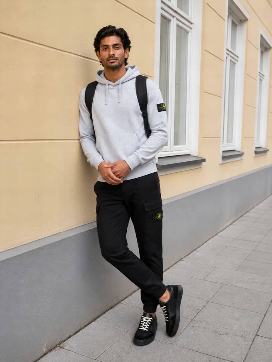 Stone island hoodie black cargo jogger outfit