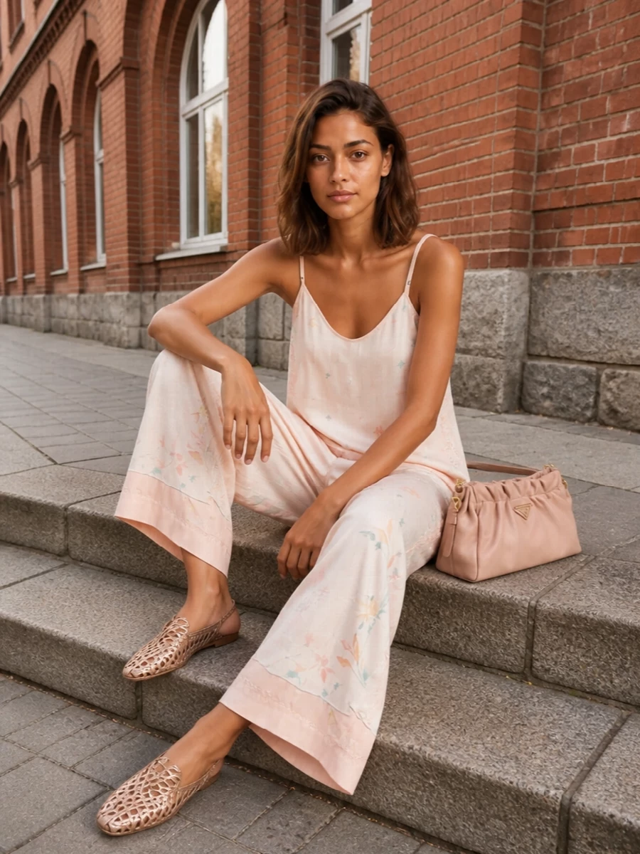 A matching Forte Forte satin camisole and wide-leg trouser set in pale blush creates a dreamy, romantic base that feels as light as air on warm days. Woven metallic slippers and a ruched blush Prada shoulder bag keep the mood relaxed yet polished, perfect for drifting from at-home lounging to a quiet garden terrace. A gauzy floral scarf in soft sage and blush adds just enough print to echo the embroidery while preserving the gentle, whisper-soft palette.