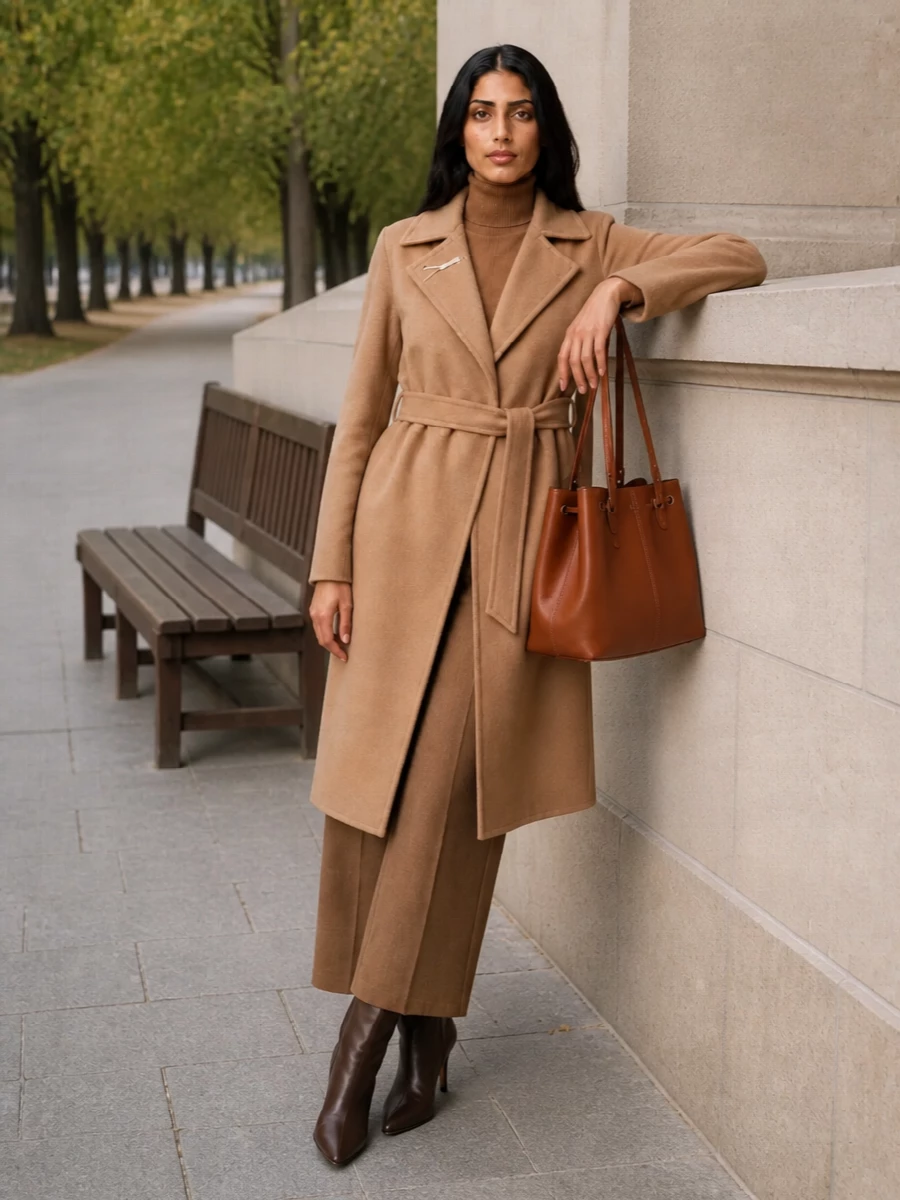 Max mara camel coat wide leg trousers outfit