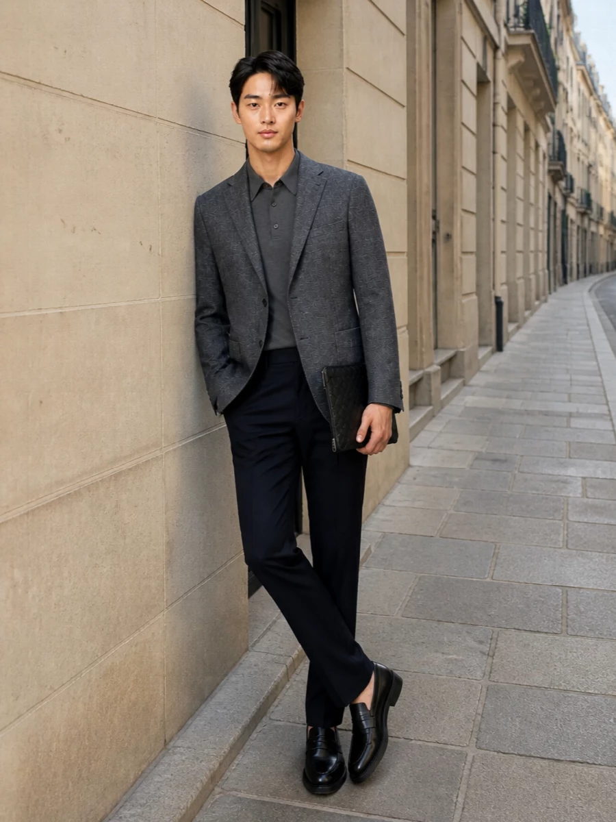 Zegna charcoal blazer navy trousers outfit