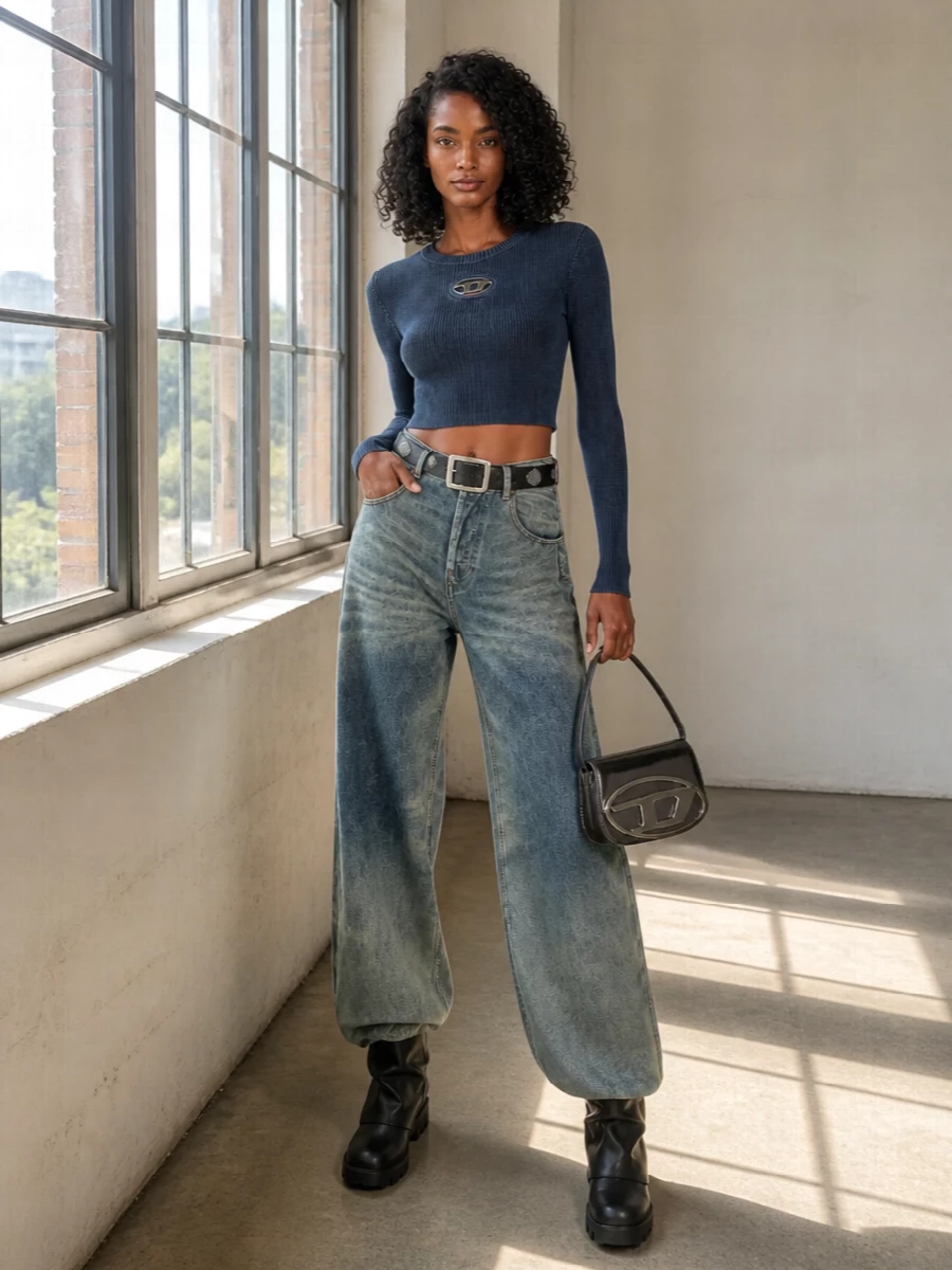 Diesel wide leg jeans cropped knit lug boots