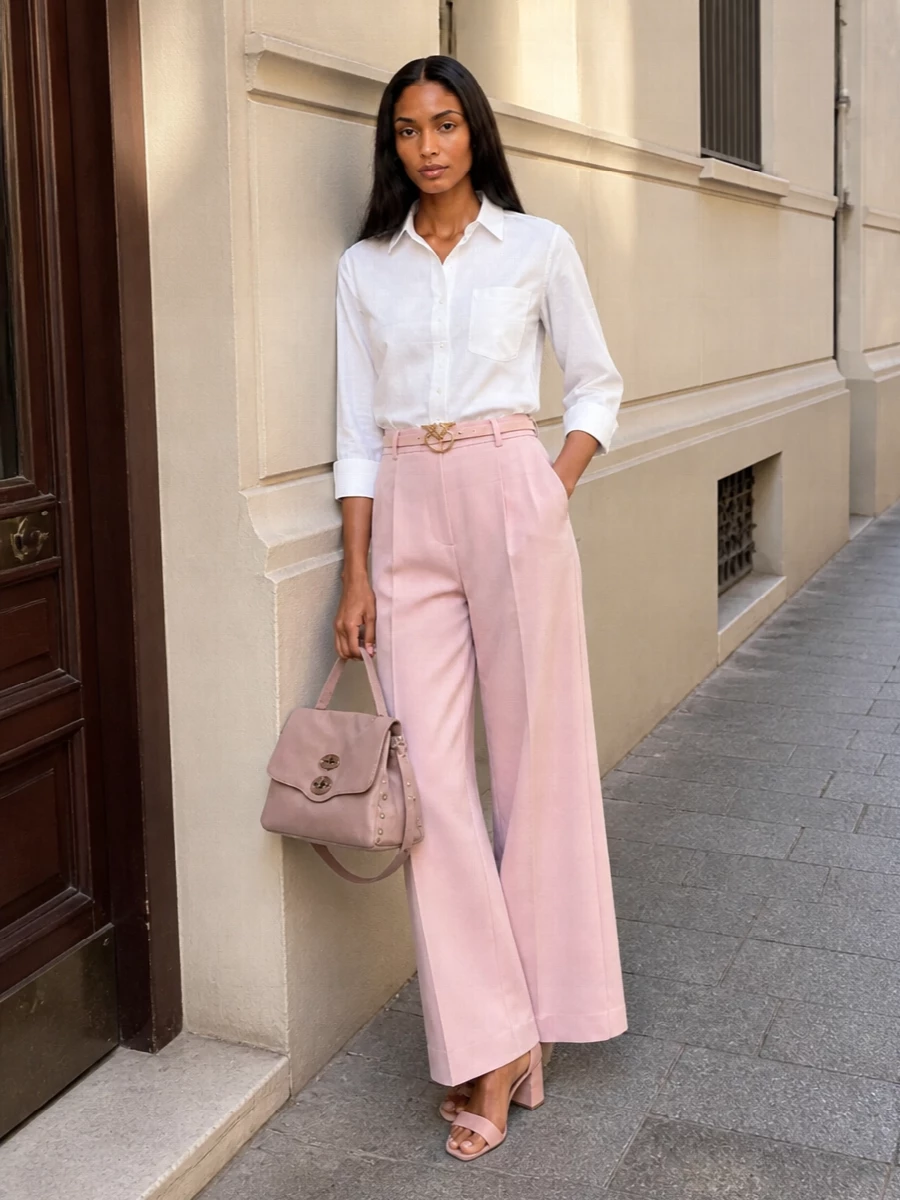 Soft blush tailoring meets a crisp white shirt for a romantic, quietly polished outfit that feels as right for daytime plans as it does for an early dinner. The high-rise wide leg is gently defined with a nude-blush belt, then grounded by blush block-heel sandals that lengthen the line without feeling formal. A dusty-rose top-handle bag completes the pink tonal story, keeping the whole ensemble cohesive yet restrained.