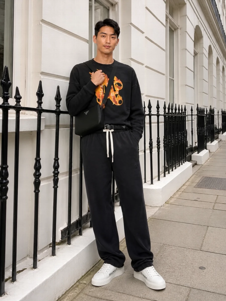 Palm angels sweatshirt relaxed track pants outfit