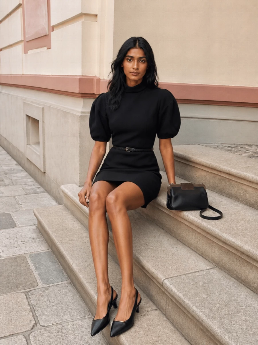 A sculpted Max Mara mini meets a pointed slingback and framed mini bag for a black-on-black evening ensemble that feels precise rather than dressy. The slim belt quietly carves out the waist, so the puffed shoulders and clean hem stay graphic. It is made for cocktail bars and gallery nights where the details reveal themselves up close.