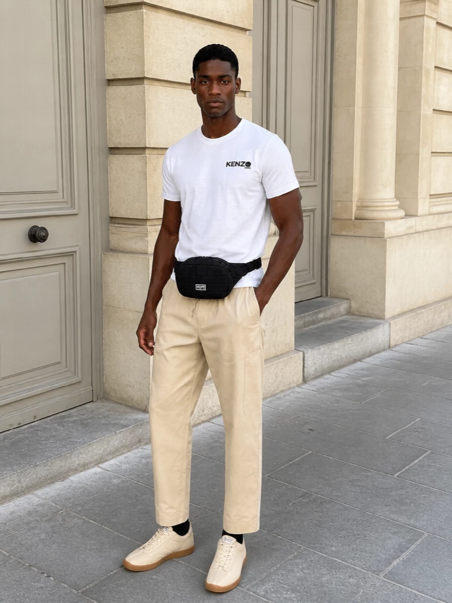 A crisp white Kenzo tee meets relaxed light beige drawstring trousers for a clean, modern take on casual. Cream gum-sole sneakers and a black belt bag keep the palette tight and graphic. Black socks quietly tie the whole mix together for easy city wear that still feels considered.