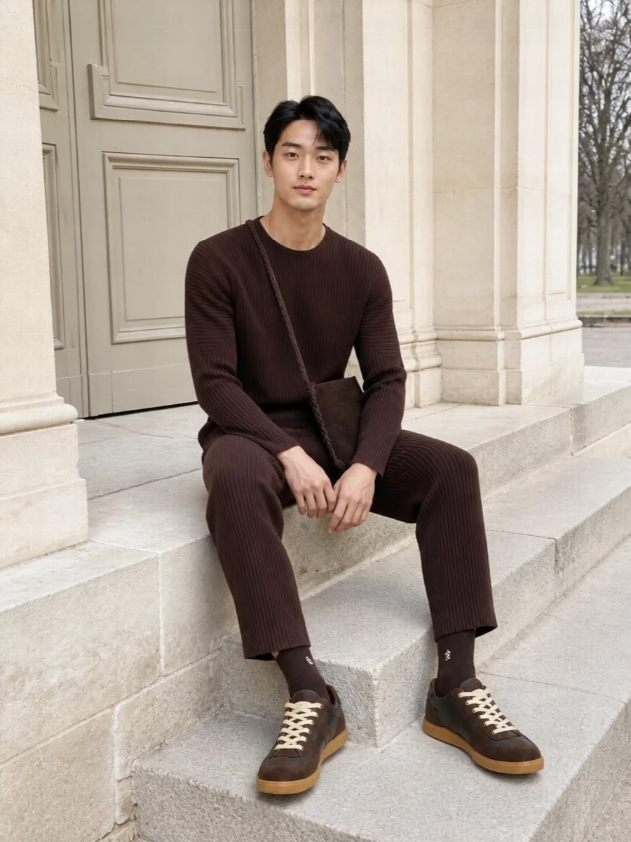 Homme plisse brown pleated outfit margiela sneakers