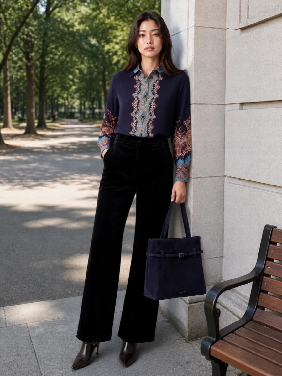Etro’s fluid paisley shirt is grounded by inky high-waisted tailoring, so the print reads romantic and elongated rather than boho casual. Sleek espresso boots and a deep-navy structured bag keep the palette moody and harmonious, ideal for city evenings or polished creative days. The result is relaxed through the body but sharply defined at the waist and leg, giving that long, confident line Etro does best.