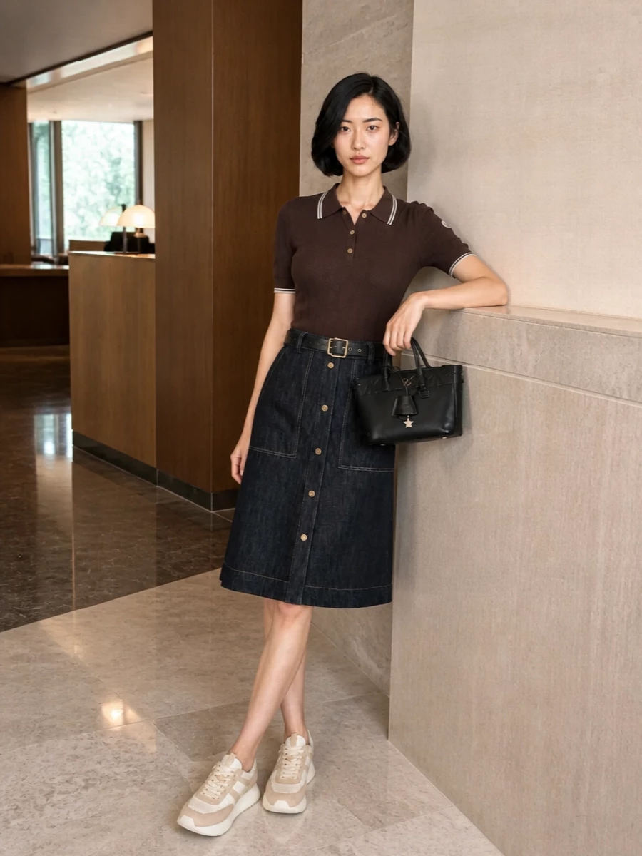 Moncler denim skirt knit polo sneakers outfit