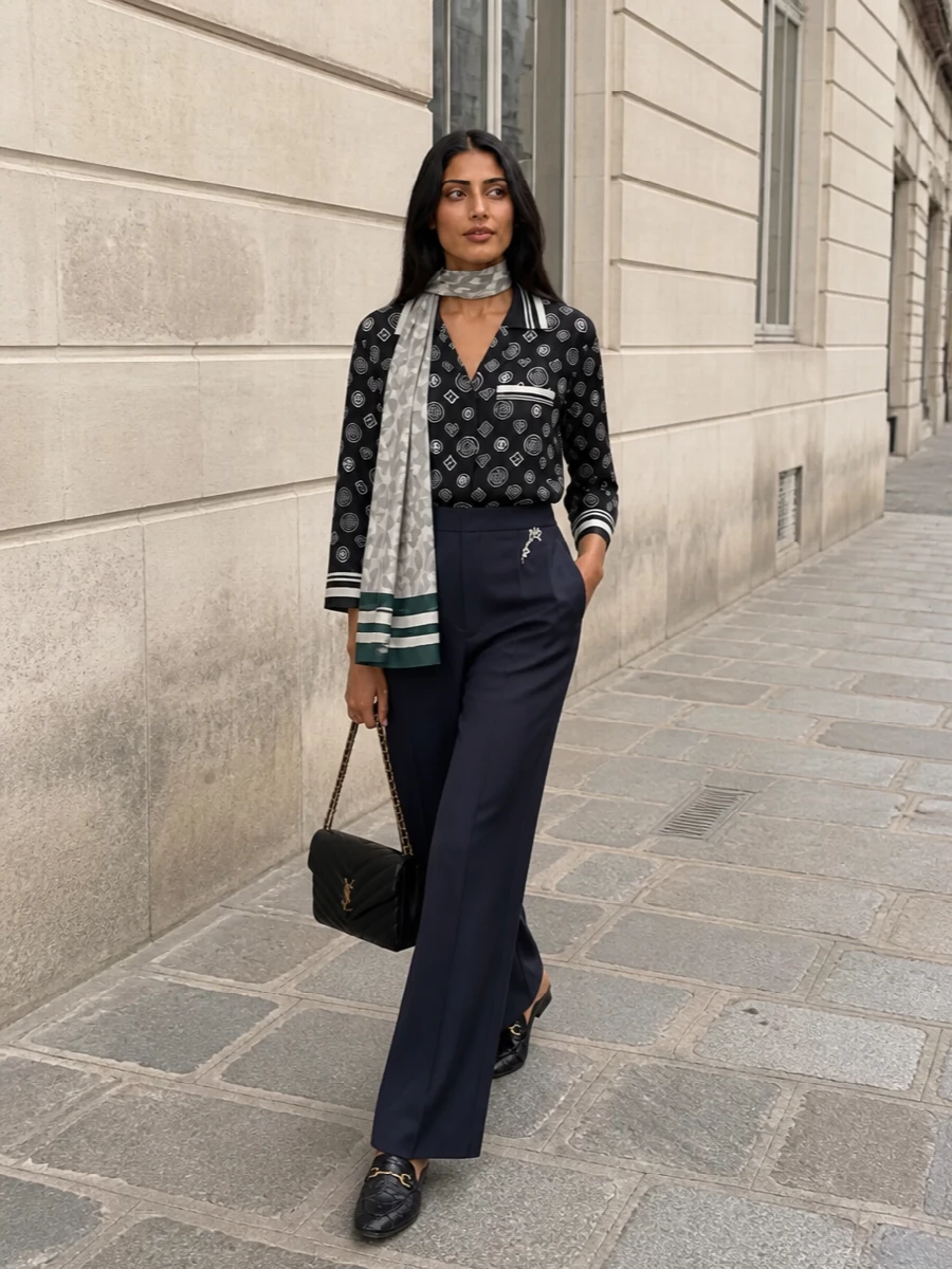 Prada wide leg pants graphic pajama shirt outfit