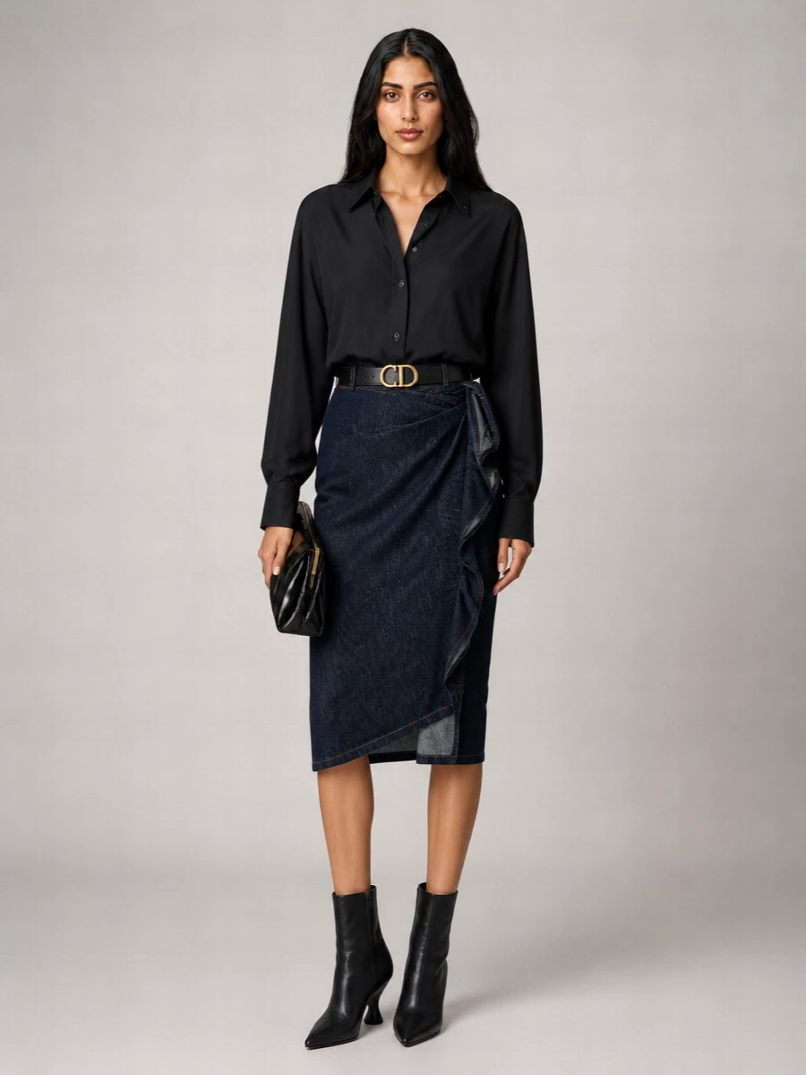 Dries Van Noten Asymmetric Draped Denim Skirt