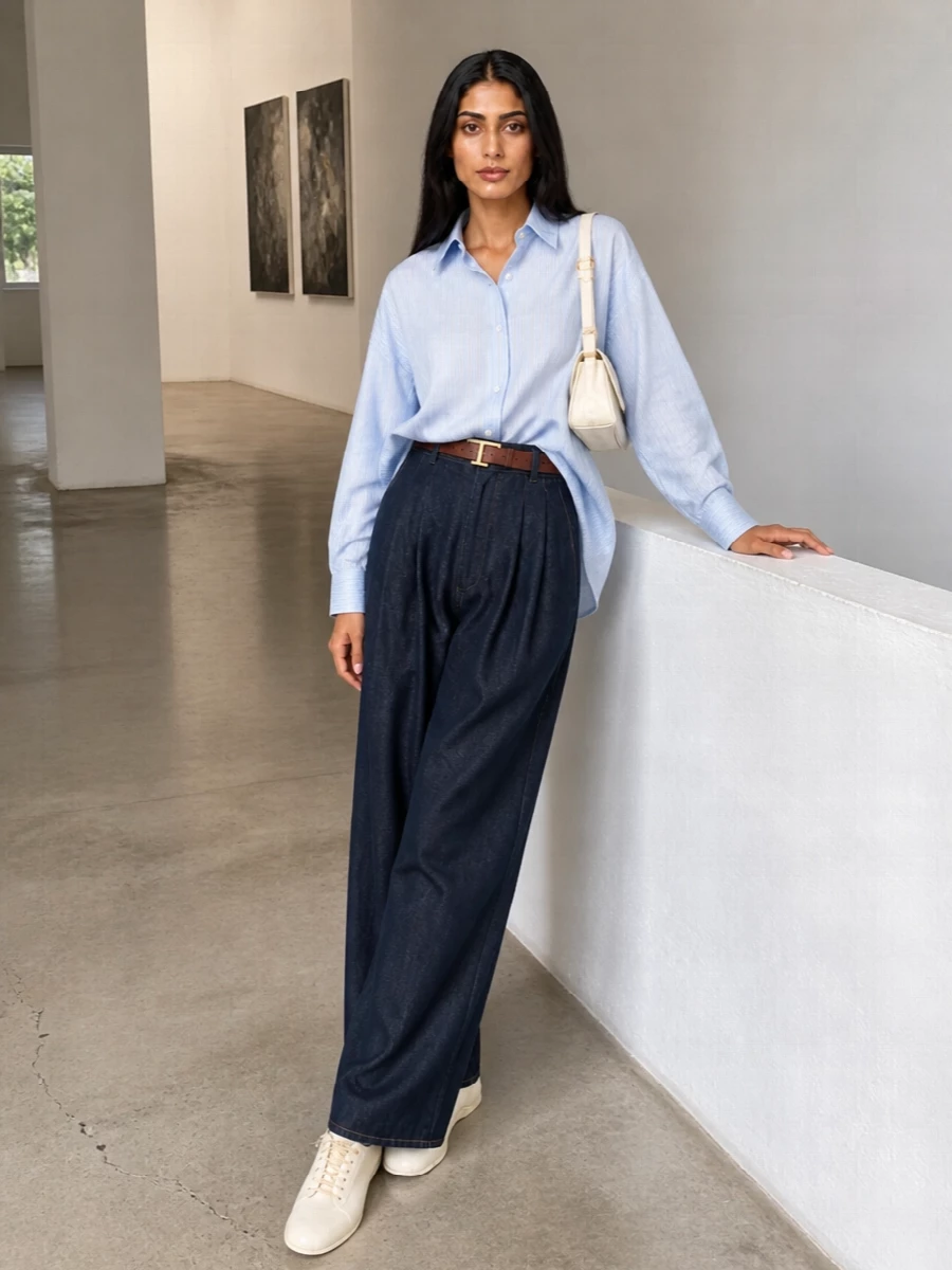 An oversized striped shirt in pale blue falls over sculpted dark indigo denim, balancing airiness on top with confident structure through the leg. Cream sneakers and a buttercream shoulder bag keep the palette soft and refined, while a slim tan belt quietly defines the waist so the volume feels deliberate rather than undone. The result is relaxed, intelligent polish for city days when you want ease with a tailored edge.