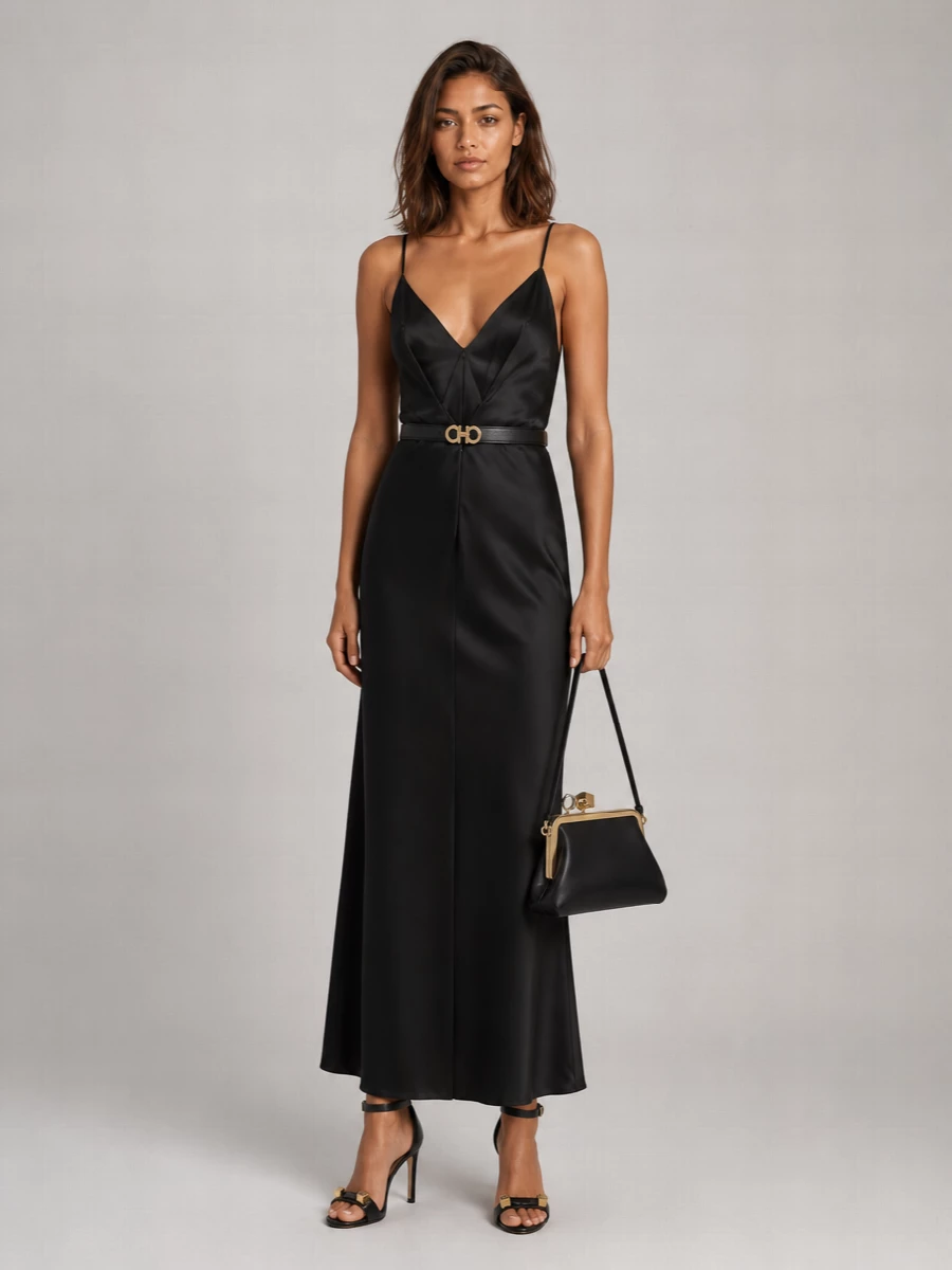 Elisabetta Franchi Satin Sleeveless Sweetheart Neck Maxi Dress