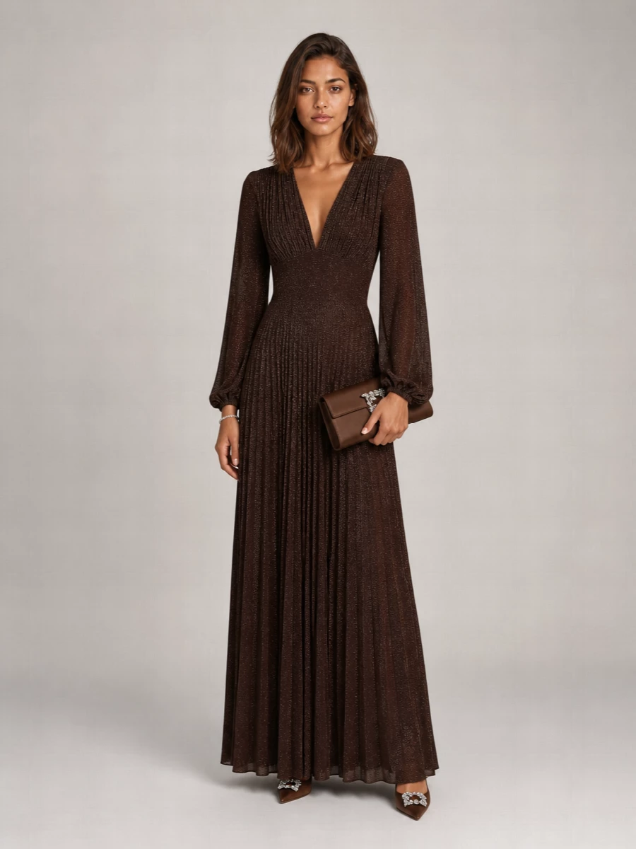 Elisabetta Franchi Lamé Jersey Slim-Fit Long-Sleeve V-Neck Maxi Dress