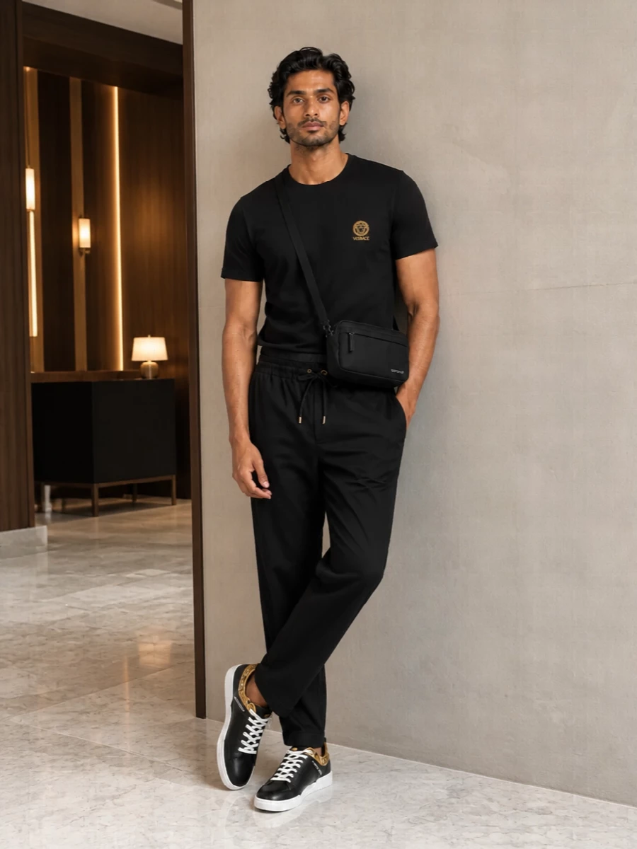 Versace black jogger sneaker crossbody outfit