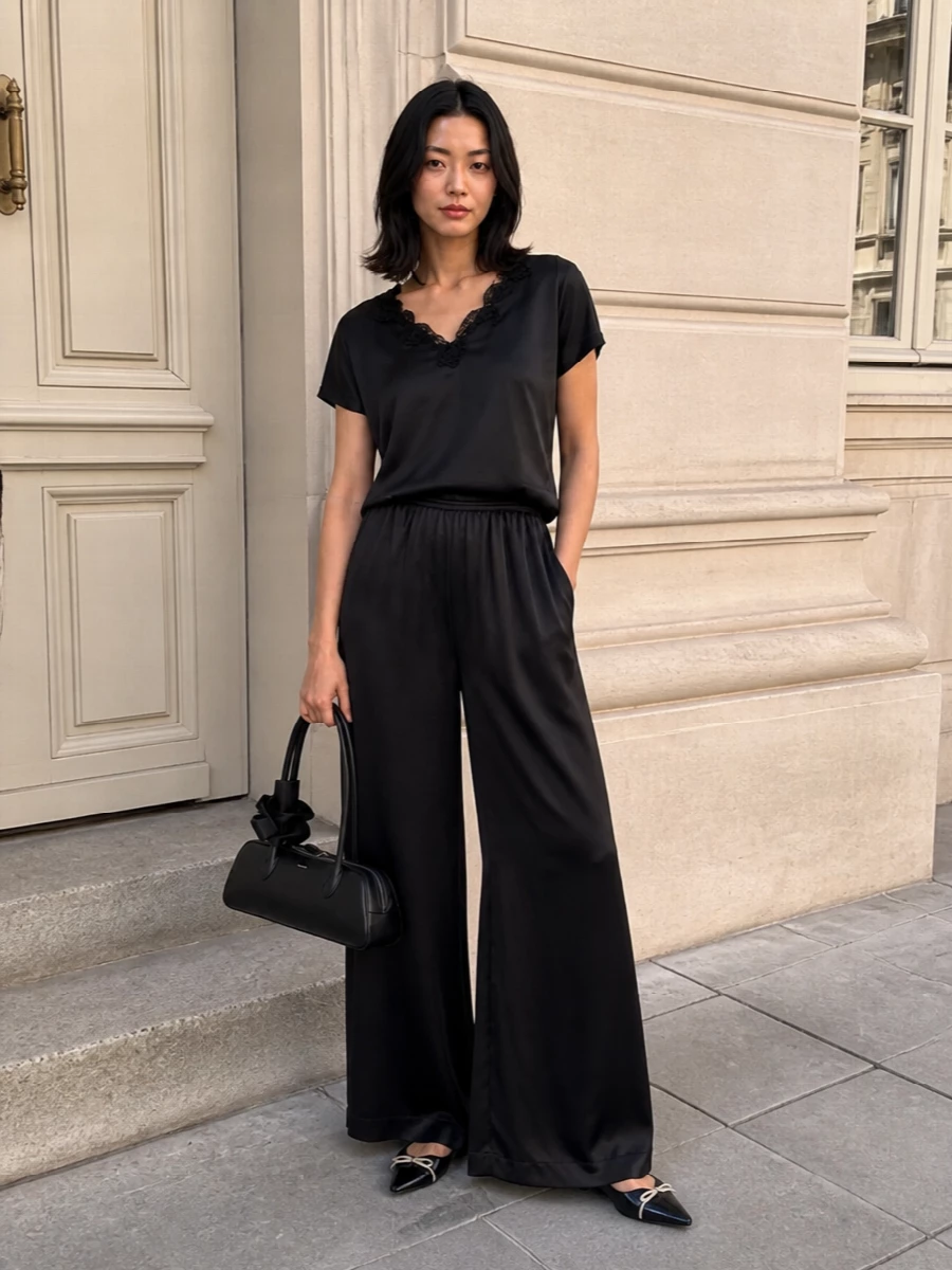 Ermanno firenze satin tee black wide leg trousers