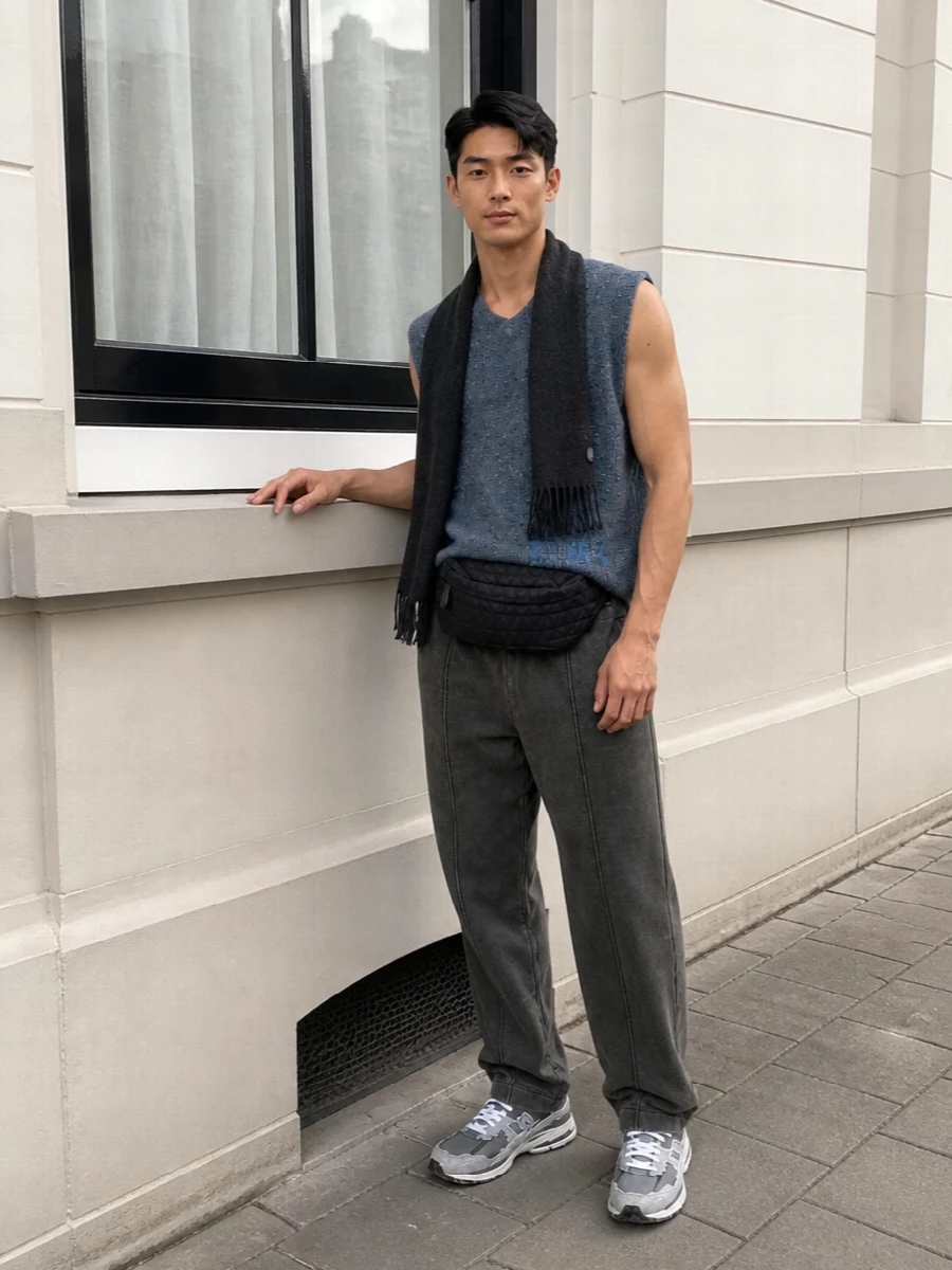 A heathered blue-grey knit sits over washed charcoal trousers for a low-key, street-led palette that feels relaxed but intentional. Chunky grey runners add just enough volume at the ground, while a streamlined belt bag and charcoal scarf keep everything clean and urban without breaking the silhouette.