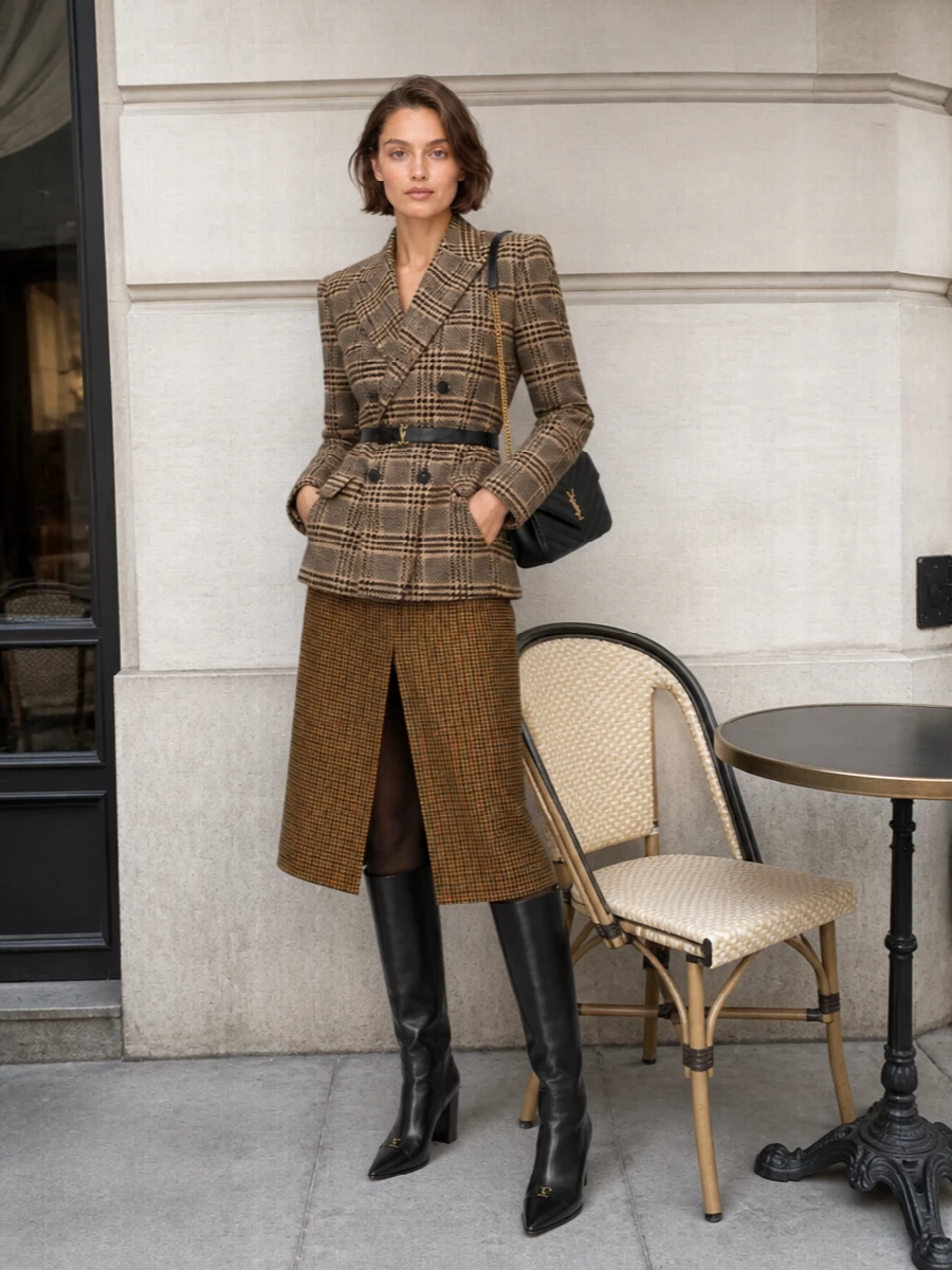 Saint laurent checked blazer outfit knee boots
