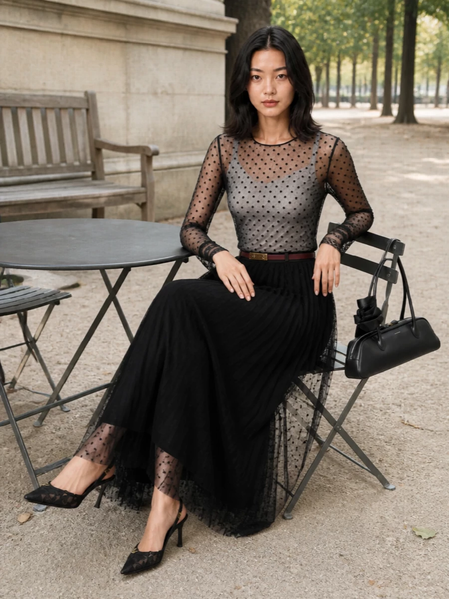 Alberta ferretti tulle blouse black maxi skirt outfit