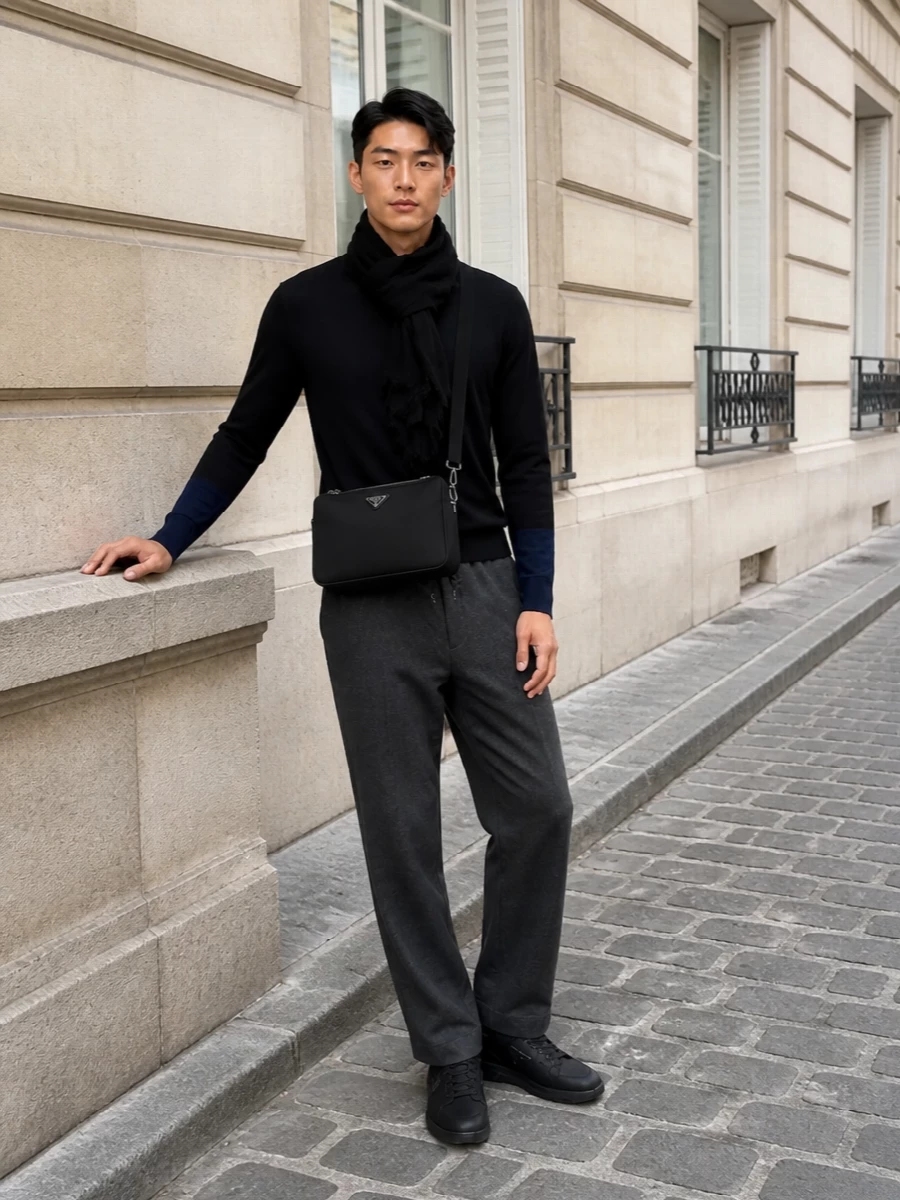 Comme des garcons knit prada sneakers outfit
