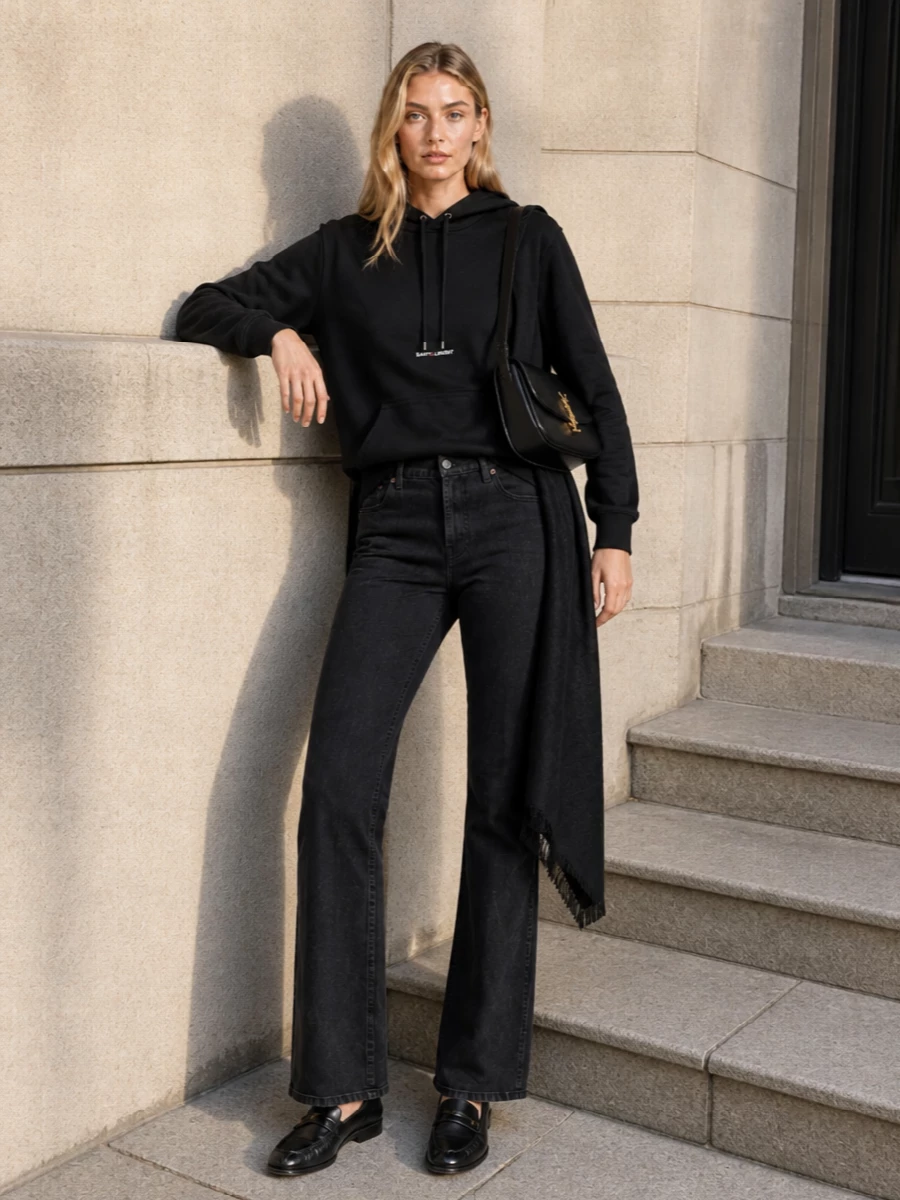 Saint laurent black hoodie flared jeans outfit