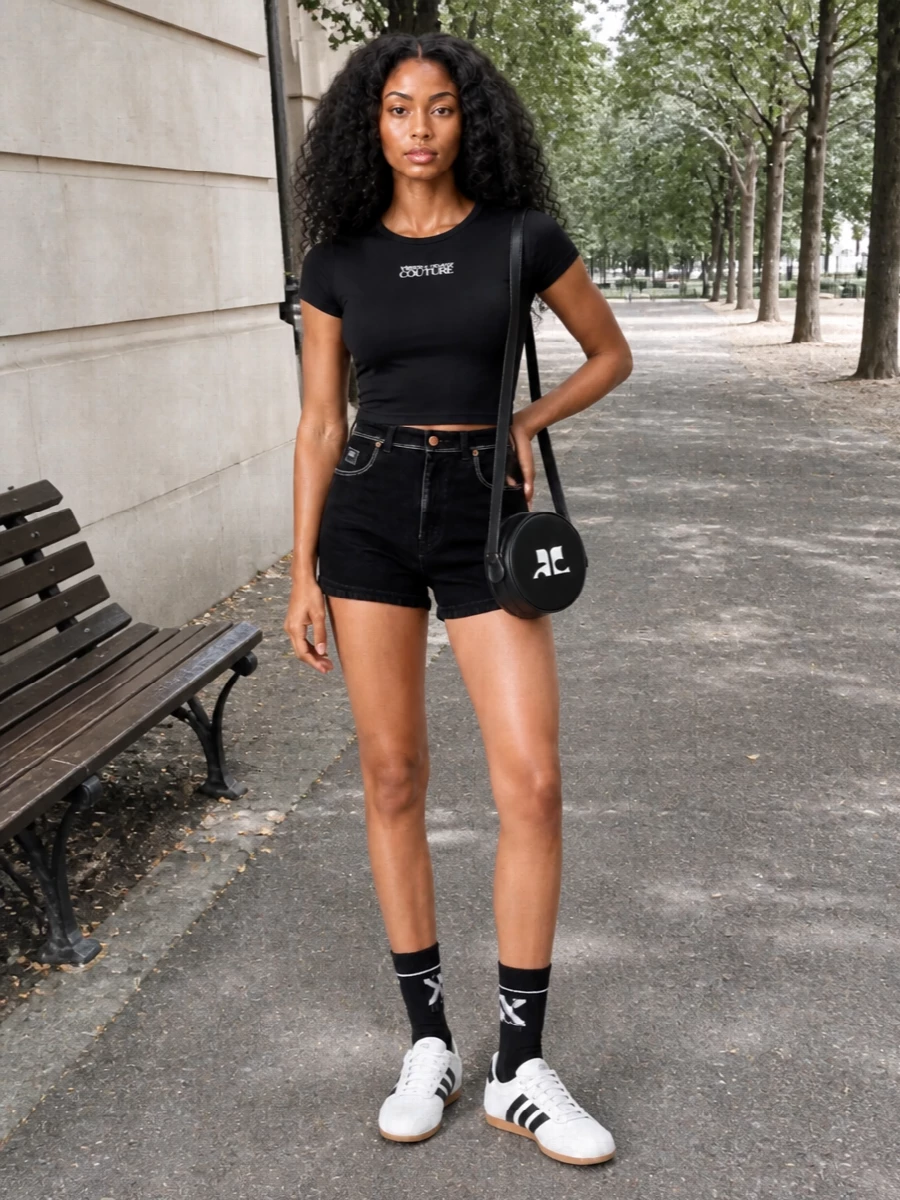 A tight black Versace Jeans Couture tee and high-waisted black denim shorts create a clean, leggy base in pure monochrome. Classic white Adidas sneakers with black stripes and a compact round Courrèges crossbody keep it sporty, graphic and city-ready. Logo socks finish it with a quiet street detail that feels styled rather than casual.