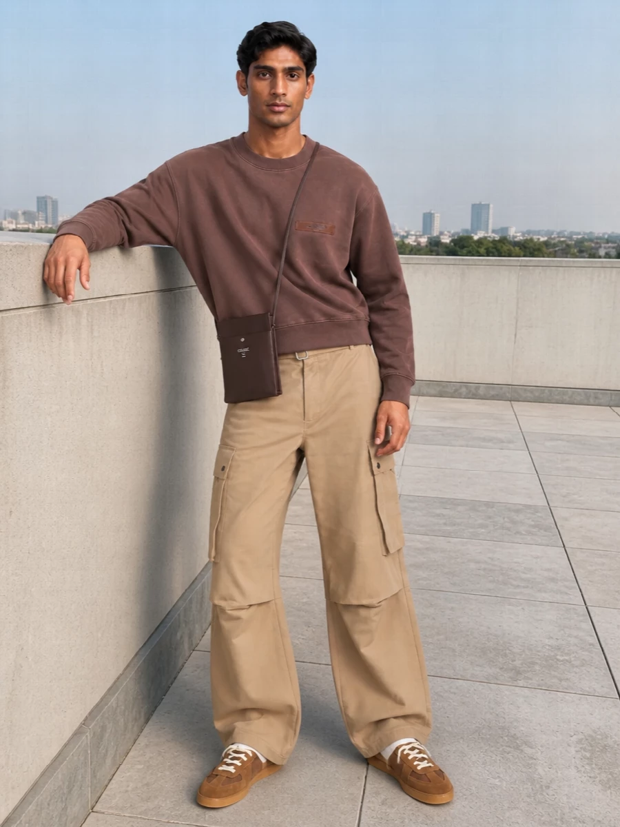 Jacquemus brown sweatshirt sand cargo trousers outfit