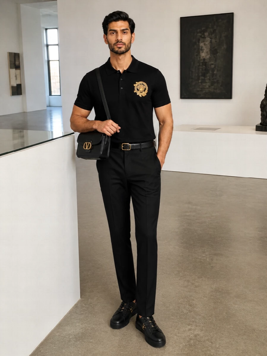 Versace black polo tailored trousers outfit