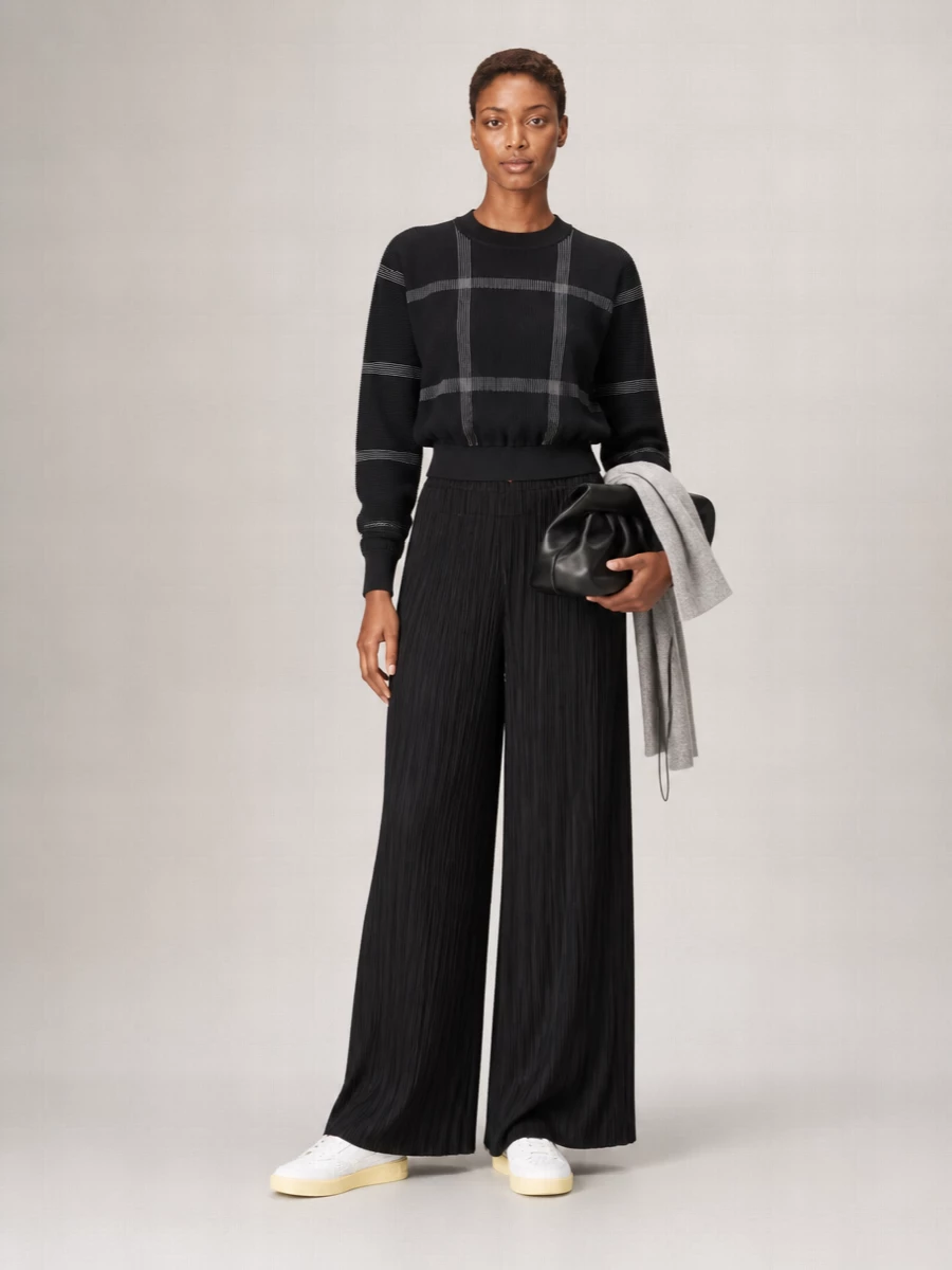 Pleats Please Issey Miyake Ribbed Checked Cropped Crew Neck Long-Sleeve Jumper