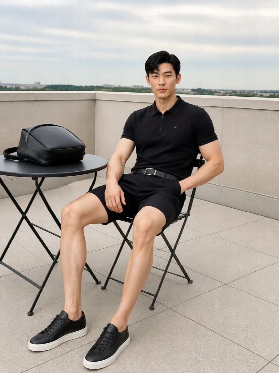 A black zip-neck polo sits over matching tailored shorts for a sharp, monochrome take on warm-weather sport style. Clean black leather sneakers and a structured black backpack keep the palette tight and the mood quietly confident. A precise black belt finishes the line so the outfit feels intentional, not just casual.