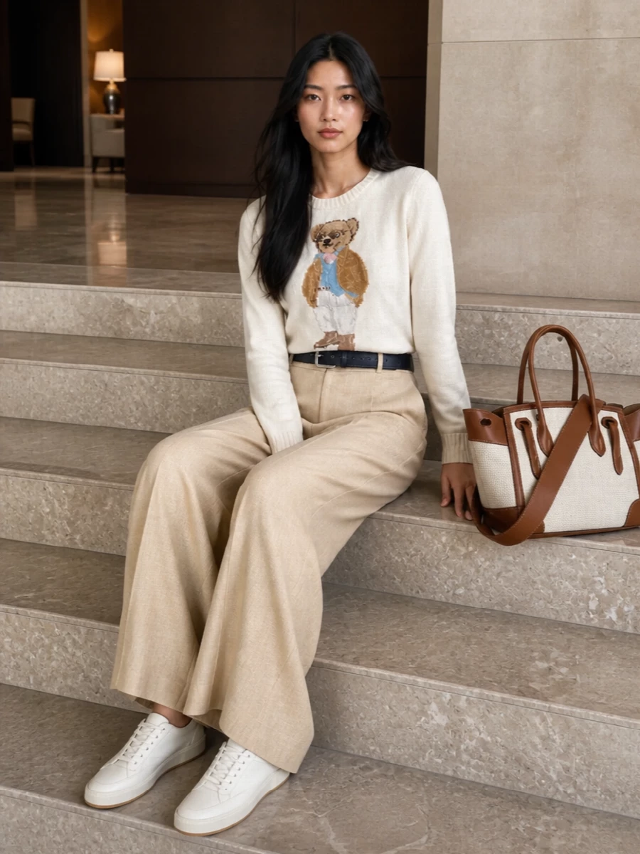 Creamy knit, sand wide-legs and a navy belt create a calm, collegiate take on casual tailoring that feels softly structured rather than strict. Clean ivory sneakers keep the mood relaxed, while the structured canvas-and-cognac tote adds just enough polish for city days or easy weekends. The result is playful Ralph Lauren heritage styled in a quietly grown-up way.